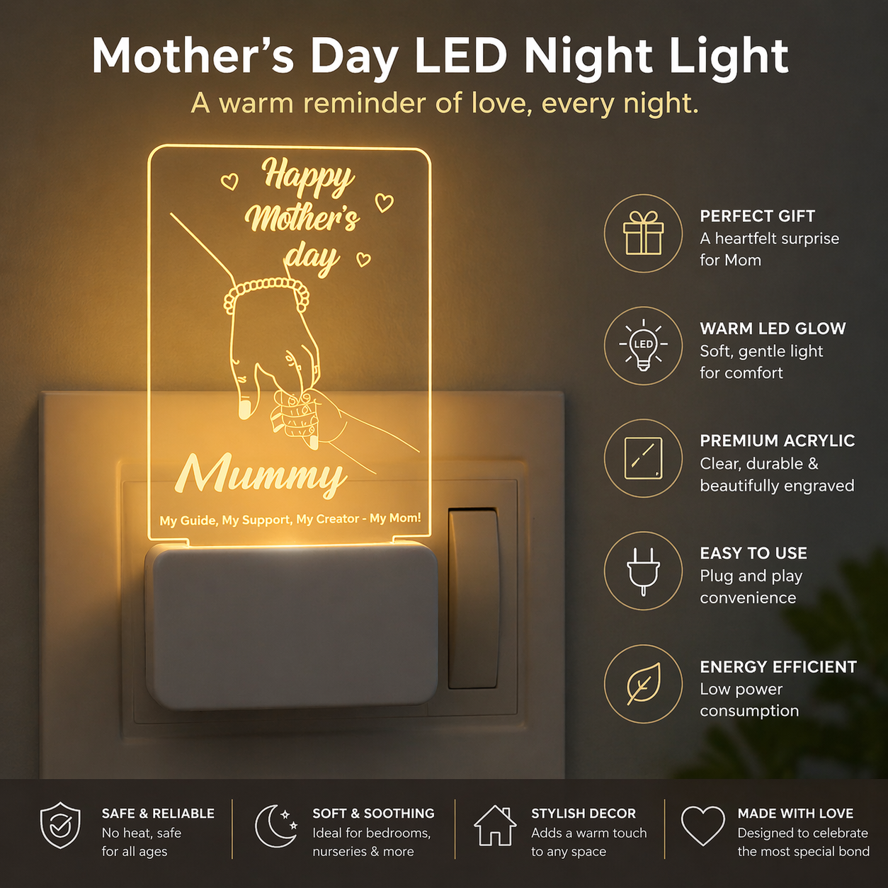Mother’s Day LED Night Lamp – Acrylic “Mummy” Touch Night Light | Warm Glow Decorative Gift for Mom