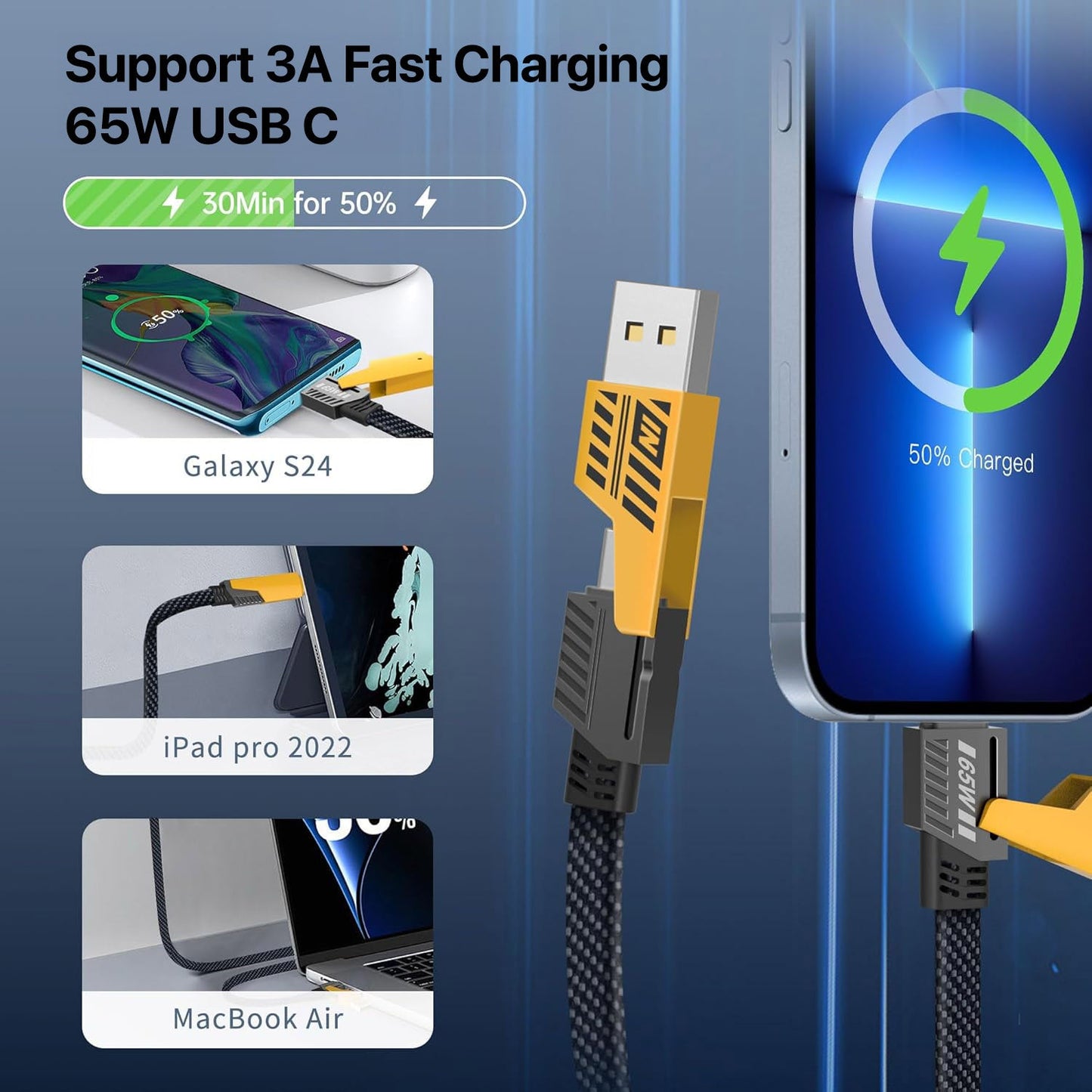 Fast Charging 4-in-1 65W Fast Charging Flat Nylon Braided Data Sync Cable With USB, Lightning, C-Type Ports