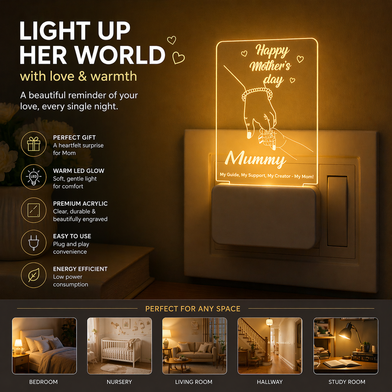 Mother’s Day LED Night Lamp – Acrylic “Mummy” Touch Night Light | Warm Glow Decorative Gift for Mom