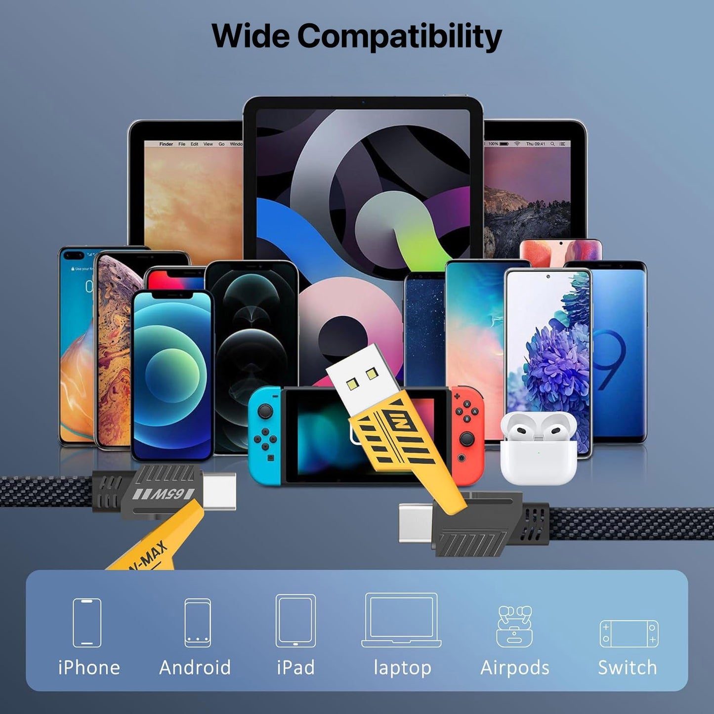 Fast Charging 4-in-1 65W Fast Charging Flat Nylon Braided Data Sync Cable With USB, Lightning, C-Type Ports