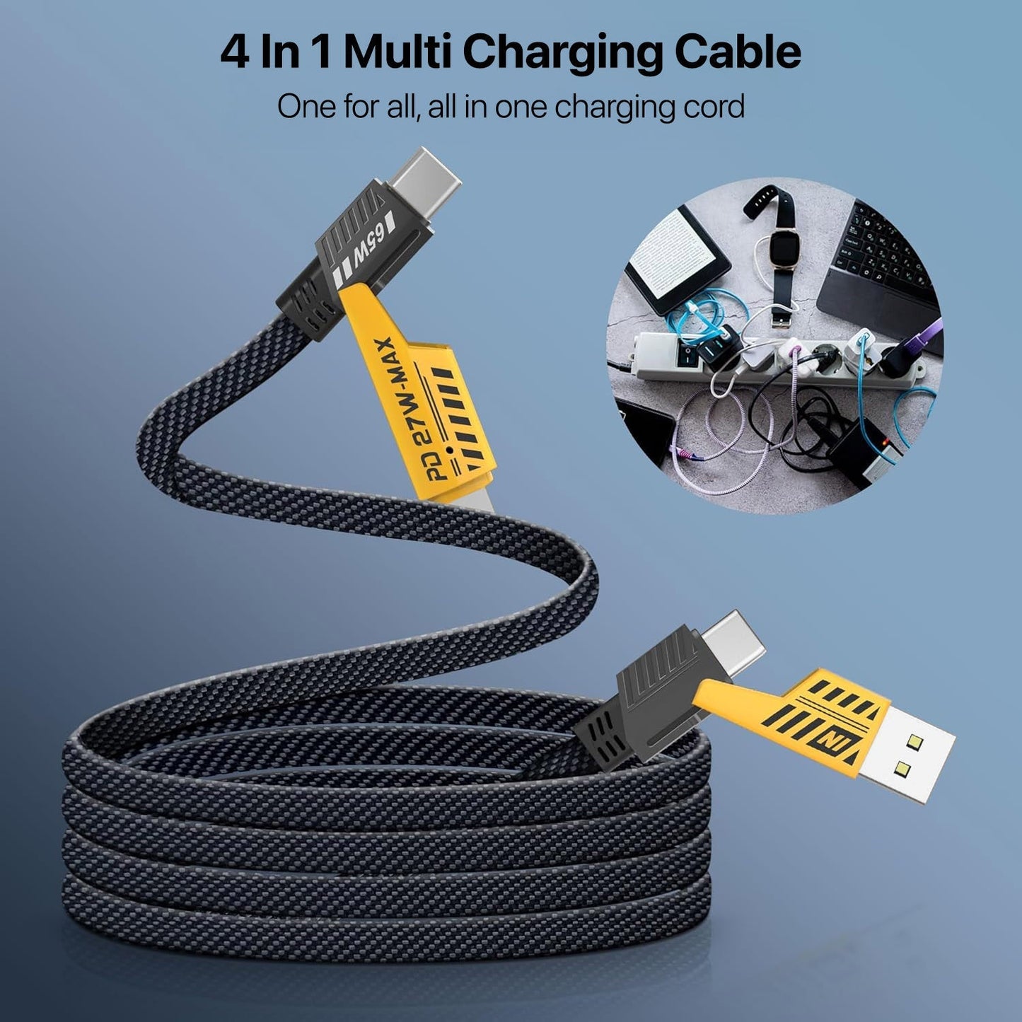 Fast Charging 4-in-1 65W Fast Charging Flat Nylon Braided Data Sync Cable With USB, Lightning, C-Type Ports