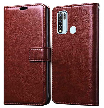 Vivo Y30 Vintage Flip Cover -Inner TPU  Fold-able Stand  Wallet Card Slots Leather