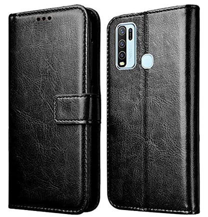 Vivo Y30 Vintage Flip Cover -Inner TPU  Fold-able Stand  Wallet Card Slots Leather